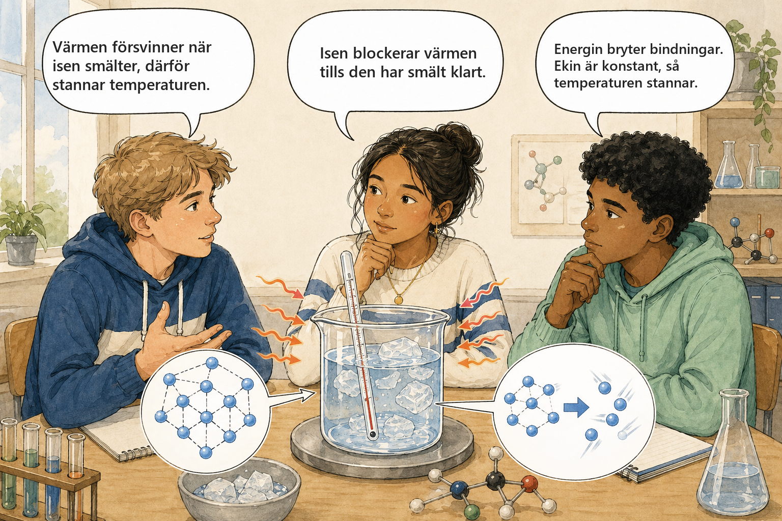 Begreppsbild 1.2: elever diskuterar tillstandsandringar och energi.