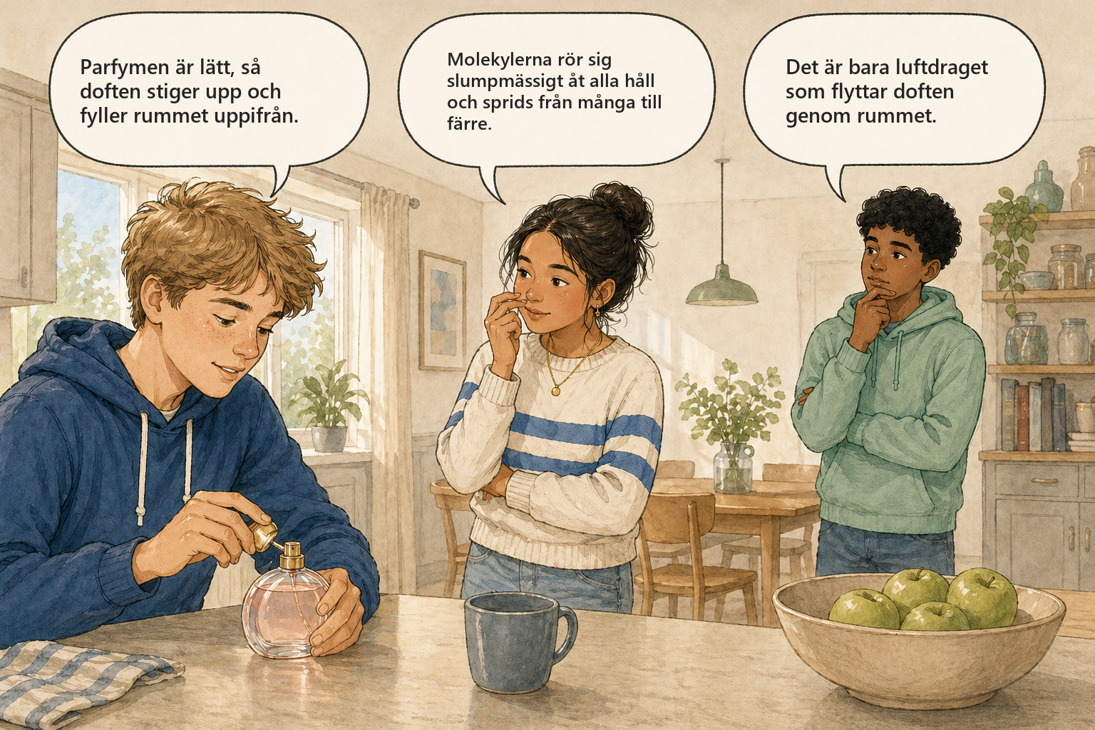Concept Cartoon: tre elever diskuterar varfÃ¶r parfymen sprids i rummet