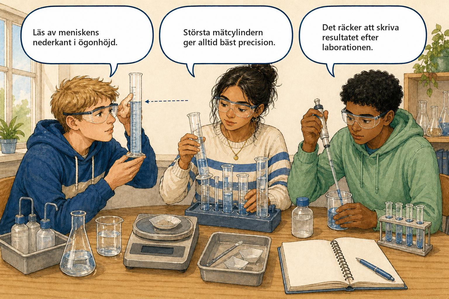 Begreppsbild 10.1: elever diskuterar matningar, instrument och saker labbmetod.