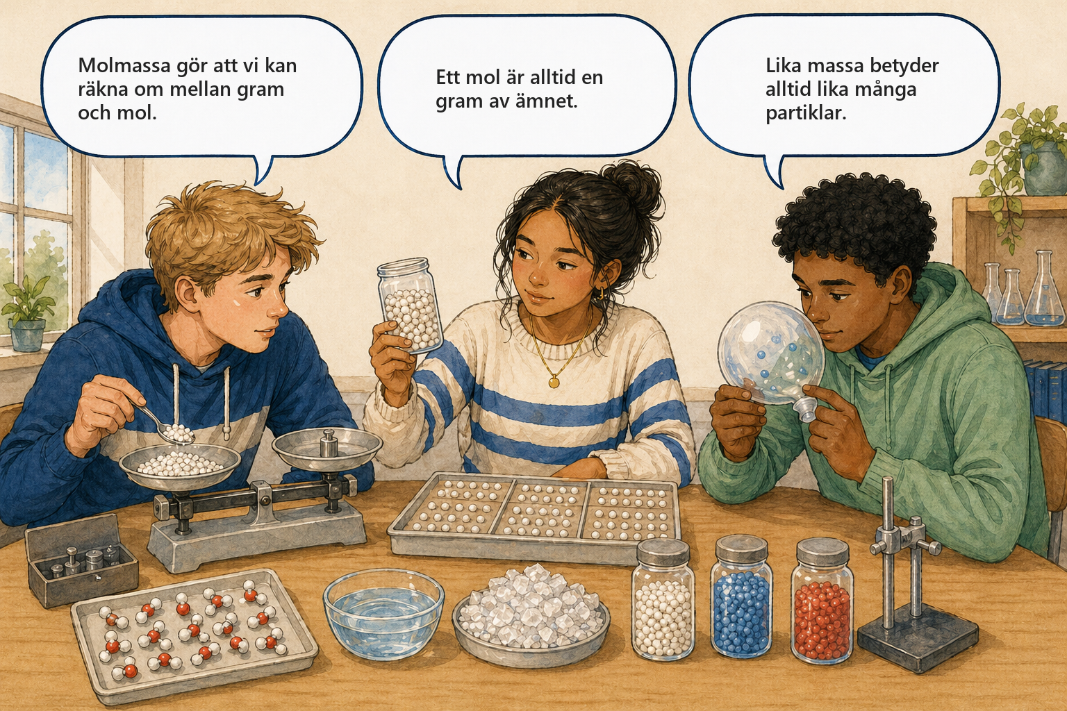 Begreppsbild 10.2: elever diskuterar mol, antal partiklar och molmassa.