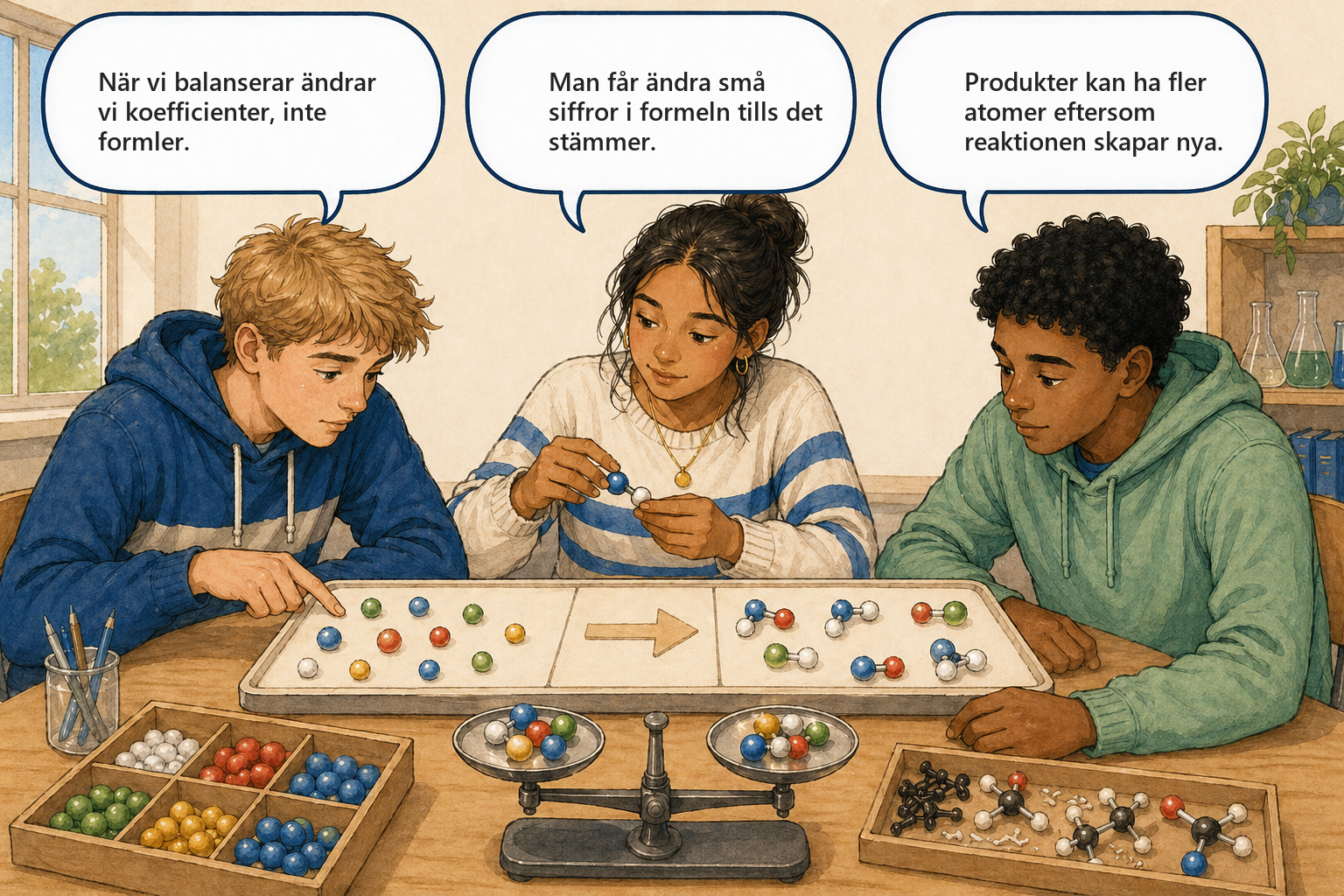Begreppsbild 10.3: elever diskuterar reaktionsformler och balansering.