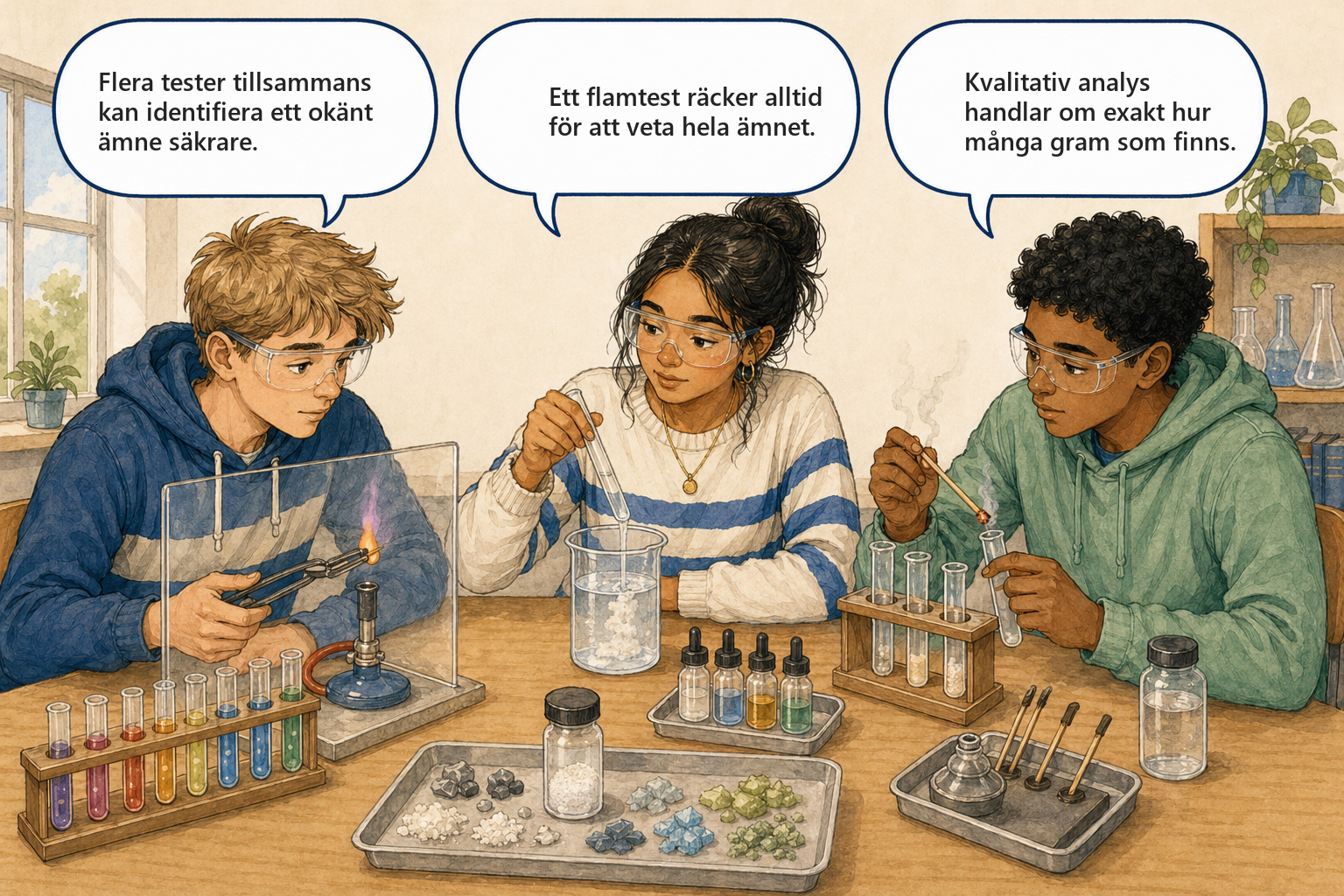 Begreppsbild 10.4: elever diskuterar hur tester identifierar okanda amnen.