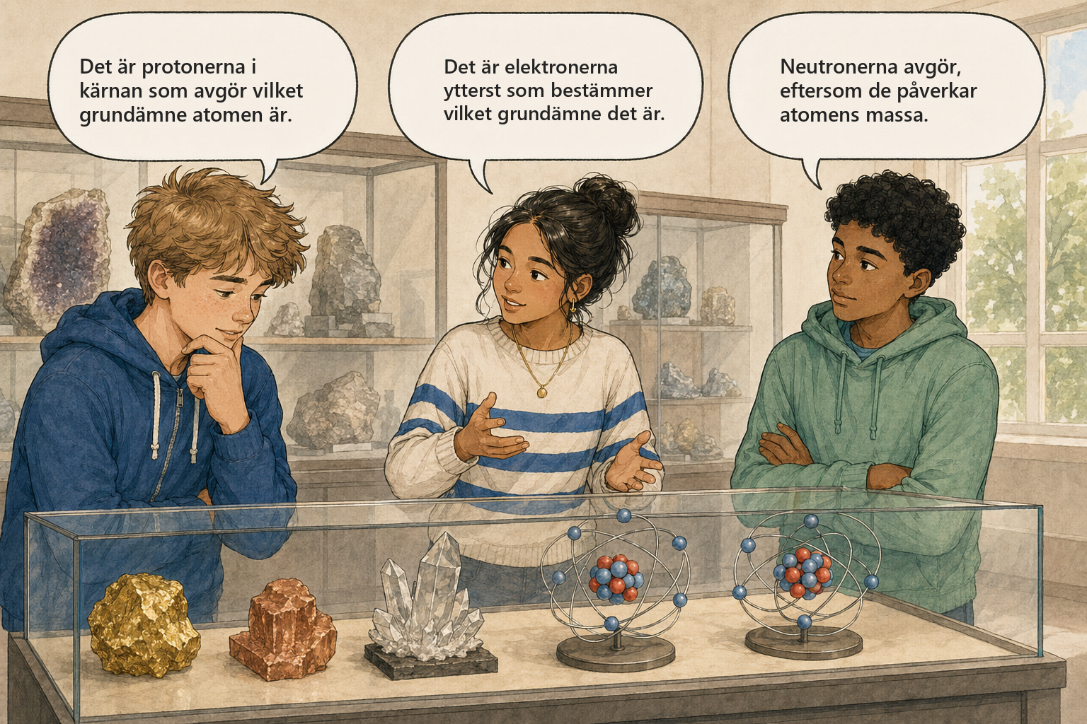 Begreppsbild — tre elever diskuterar vad som avgör vilket grundämne en atom är: protoner, elektroner eller neutroner.