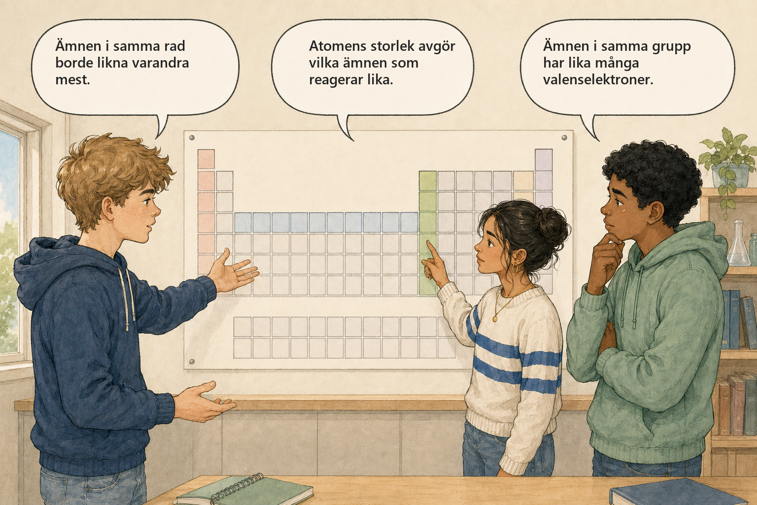 Begreppsbild — tre elever diskuterar periodiska systemets uppbyggnad: vad är en period och vad är en grupp?