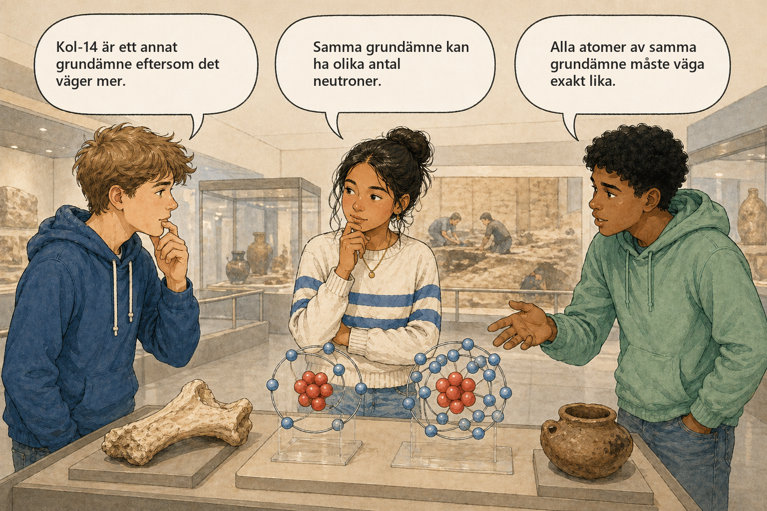 Begreppsbild — tre elever diskuterar varför klorets atommassa är 35,5 och vad isotoper innebär.