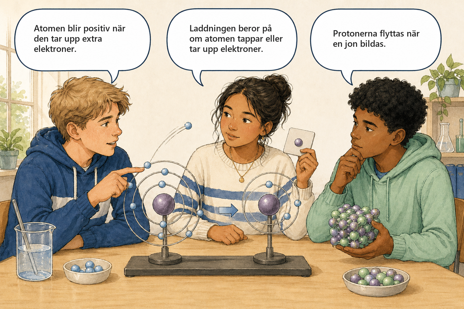 Begreppsbild 3.1: elever diskuterar hur atomer blir joner.