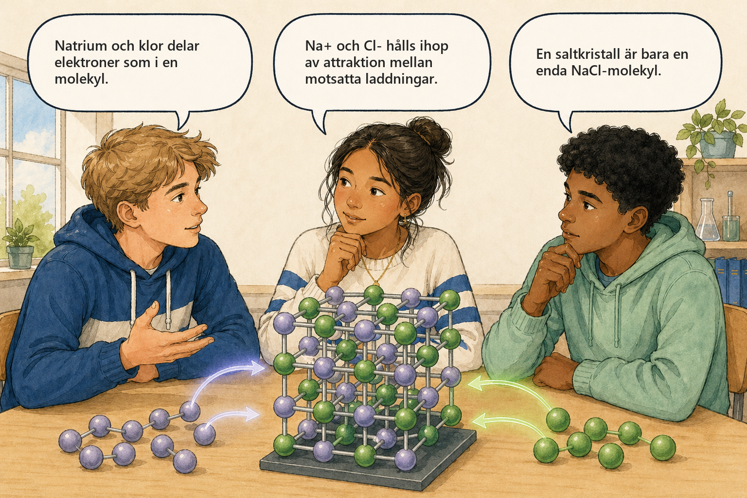 Begreppsbild 3.2: elever diskuterar jonbindning och jonforeningar.