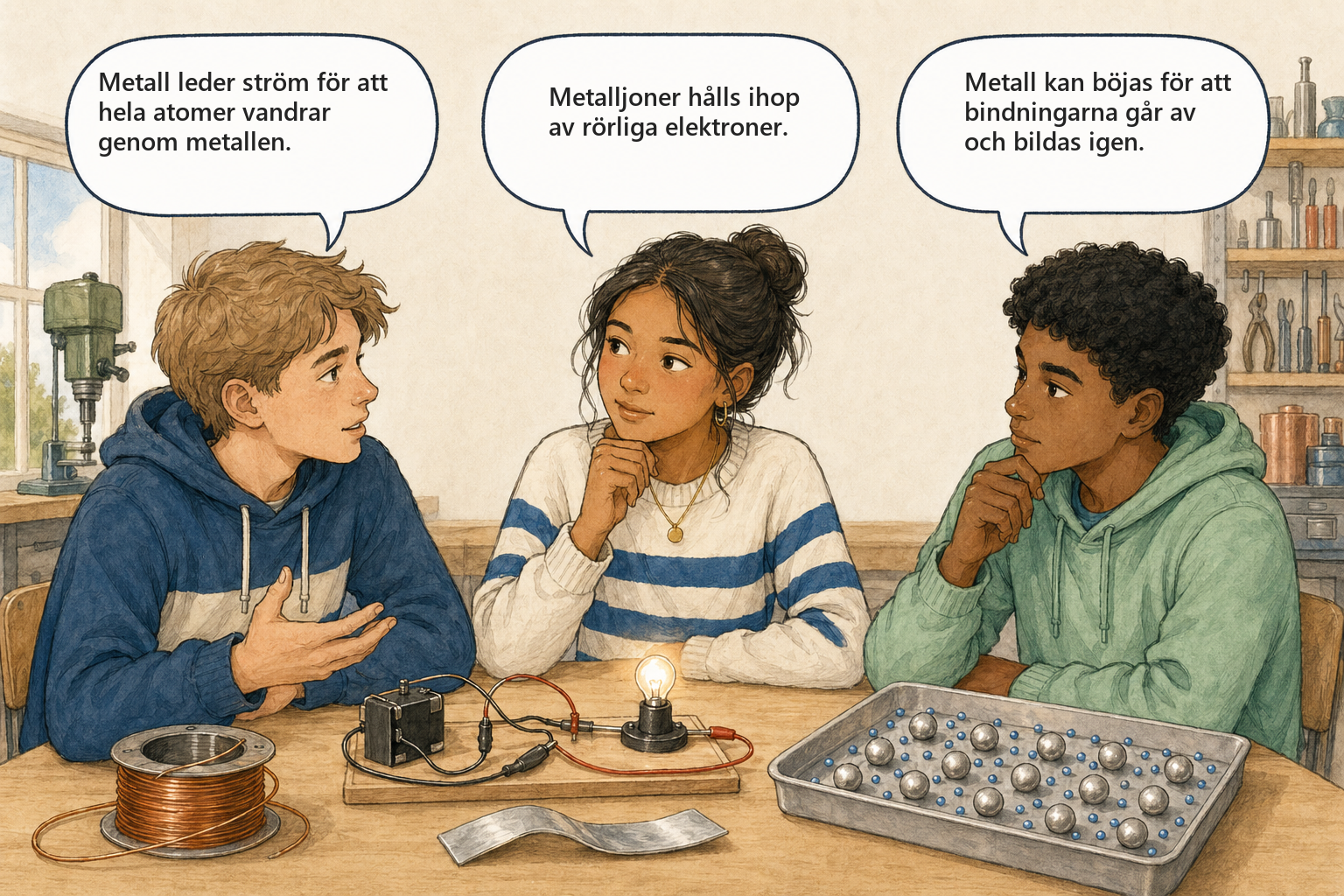 Begreppsbild 3.4: elever diskuterar metallbindning och metallers egenskaper.