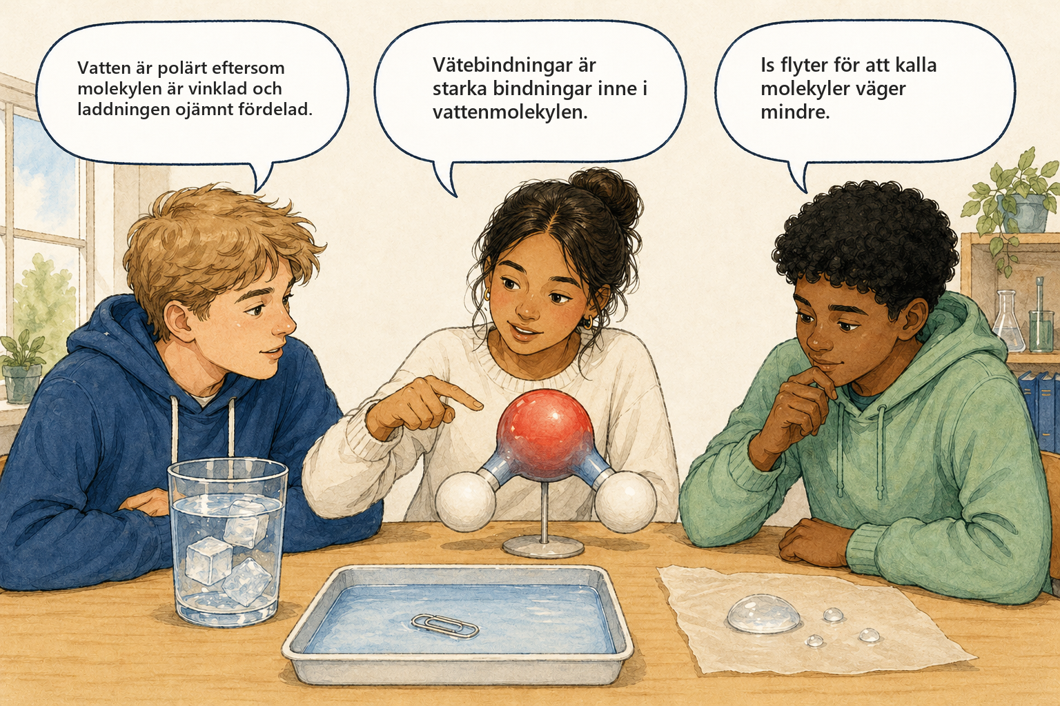 Begreppsbild 3.5: elever diskuterar polaritet och vatebindning.