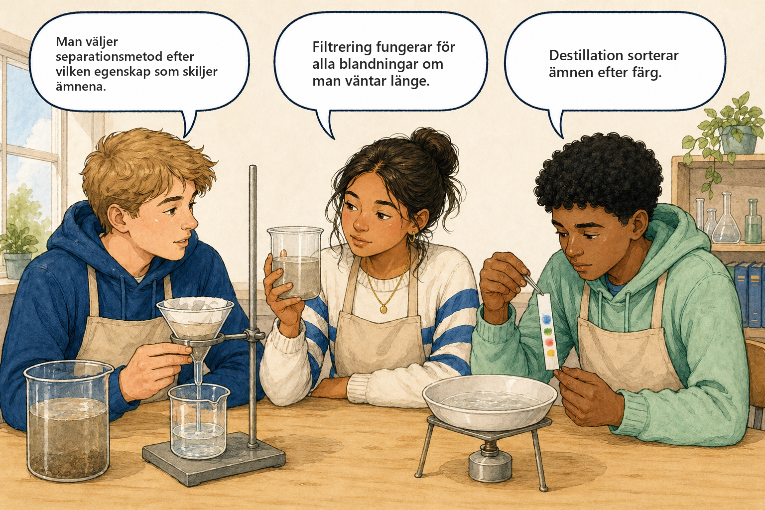 Begreppsbild 4.3 - Separationsmetoder: tre elever diskuterar separationsmetod väljs efter skillnad i egenskap.