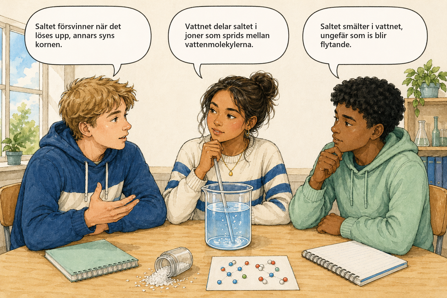 Begreppsbild — Vattens egenskaper: tre elever diskuterar vad som händer när salt löses i vatten.