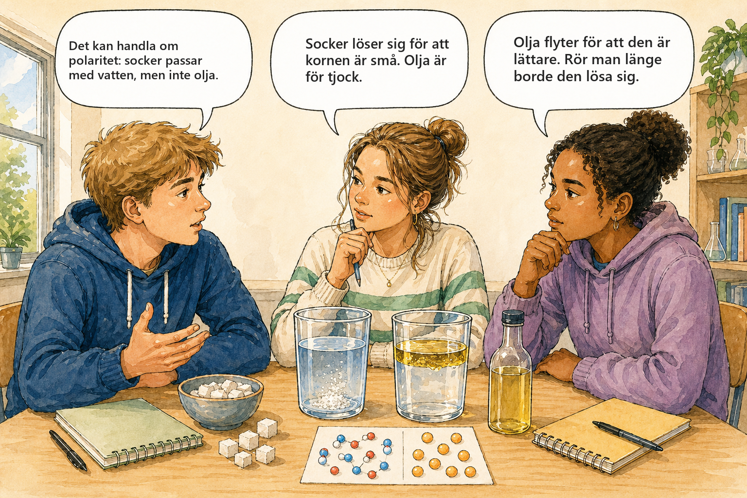Begreppsbild — Vatten har unika egenskaper: tre elever diskuterar varför socker löser sig i vatten men inte matolja.