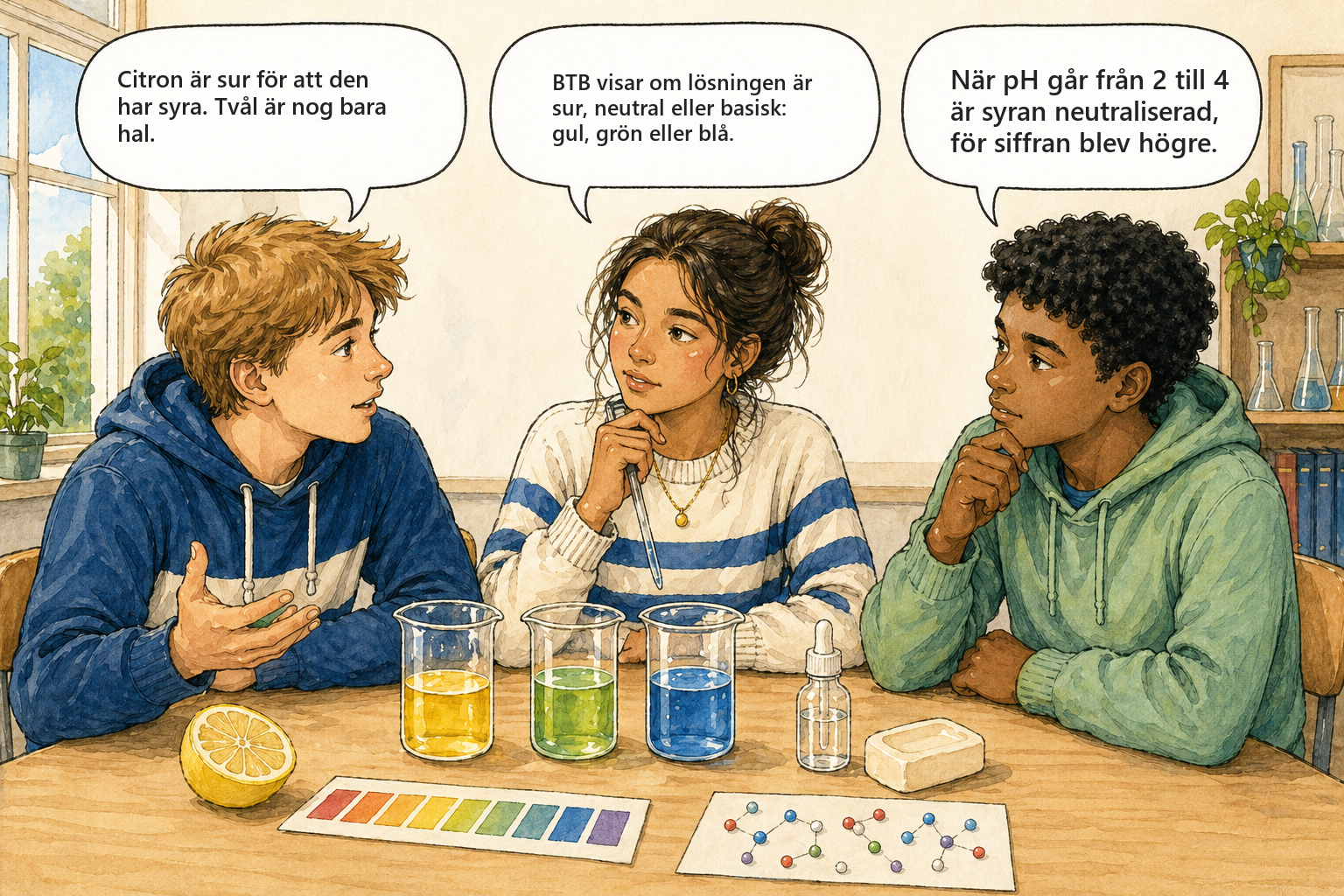 Begreppsbild — Syror och baser: tre elever diskuterar pH, syror och baser med BTB-indikator.
