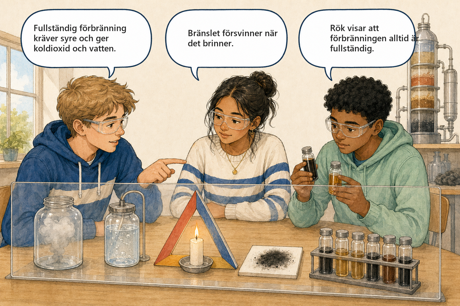Begreppsbild 6.3 - Förbränning och fossila bränslen: tre elever diskuterar fullständig förbränning och fossila bränslen.