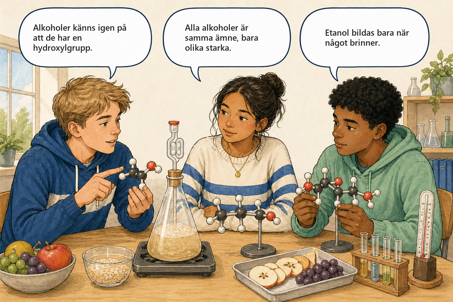 Begreppsbild 6.4 - Alkoholer: tre elever diskuterar alkoholers hydroxylgrupp och egenskaper.
