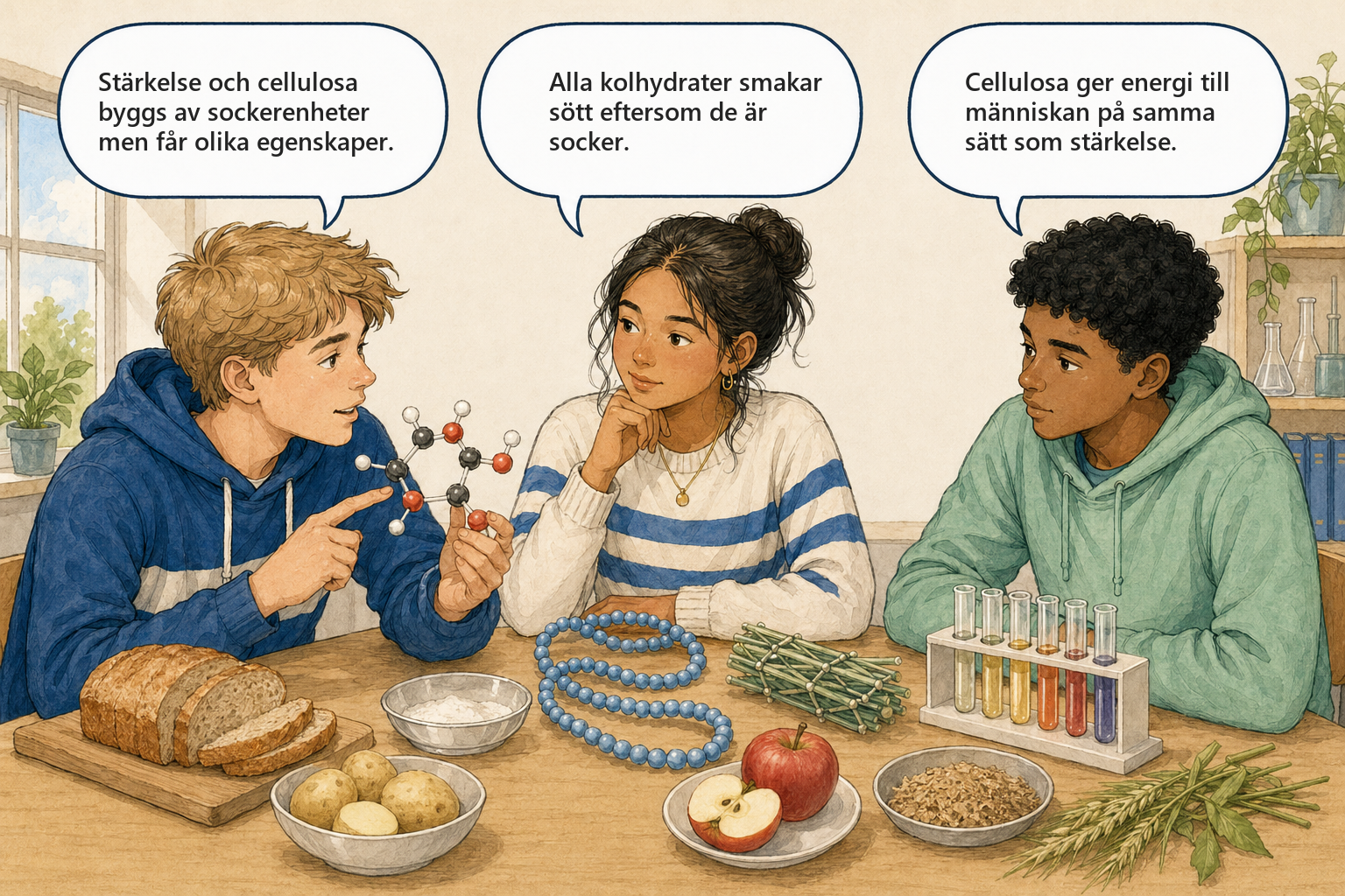 Begreppsbild 7.2 - Kolhydrater: tre elever diskuterar mono-, di- och polysackarider med olika egenskaper.