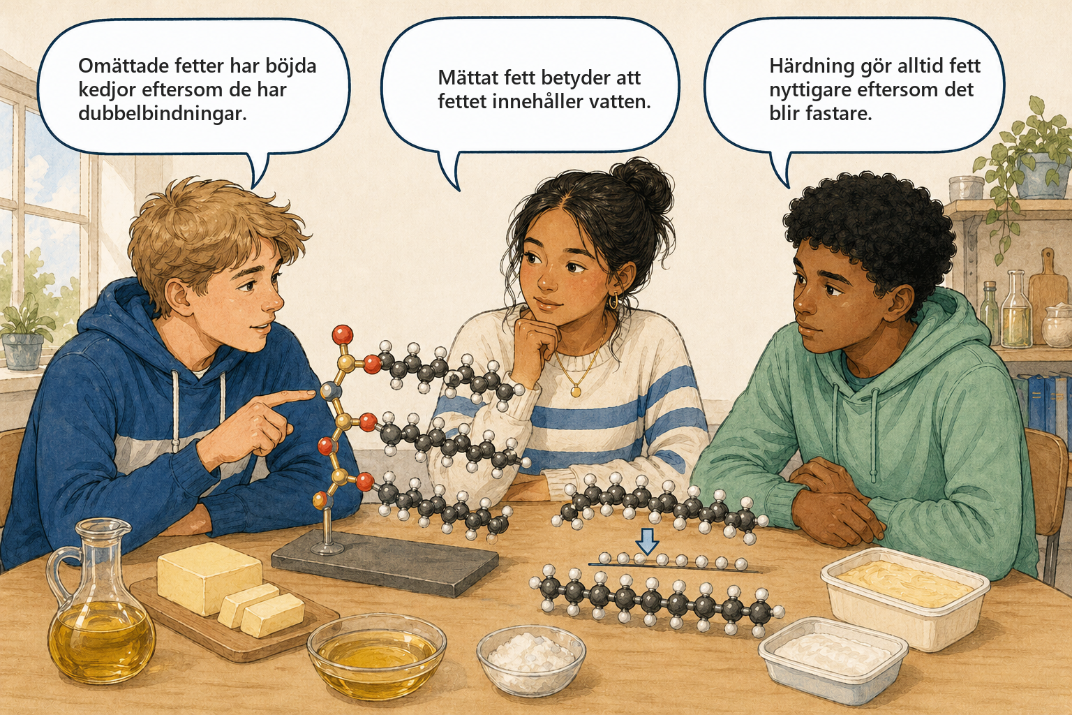 Begreppsbild 7.3 - Fetter: tre elever diskuterar mättade och omättade fetter samt härdning.