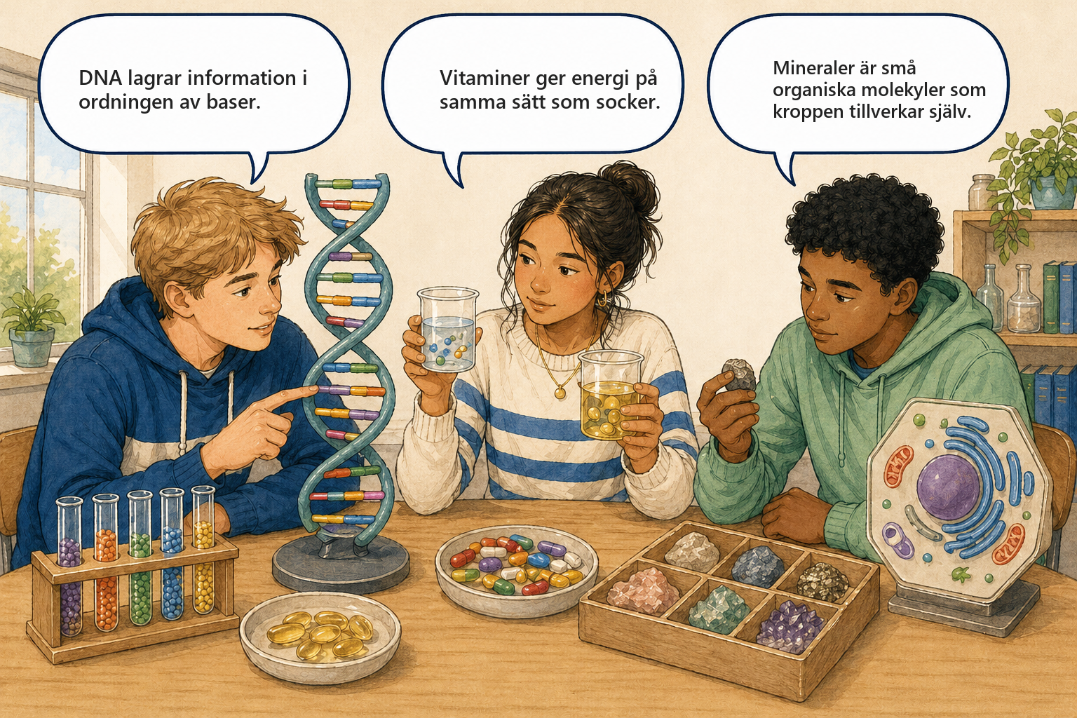 Begreppsbild 7.5 - DNA, vitaminer och mineraler: tre elever diskuterar DNA-information, vitaminer och mineralämnen.