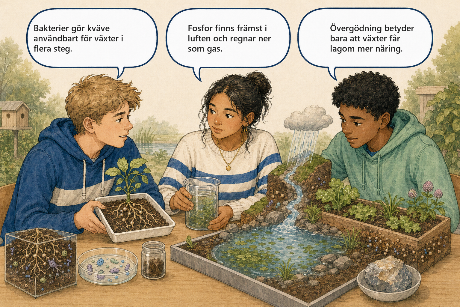 Begreppsbild 7.6 - Kvävets och fosforns kretslopp: tre elever diskuterar kvävefixering, fosforns kretslopp och övergödning.