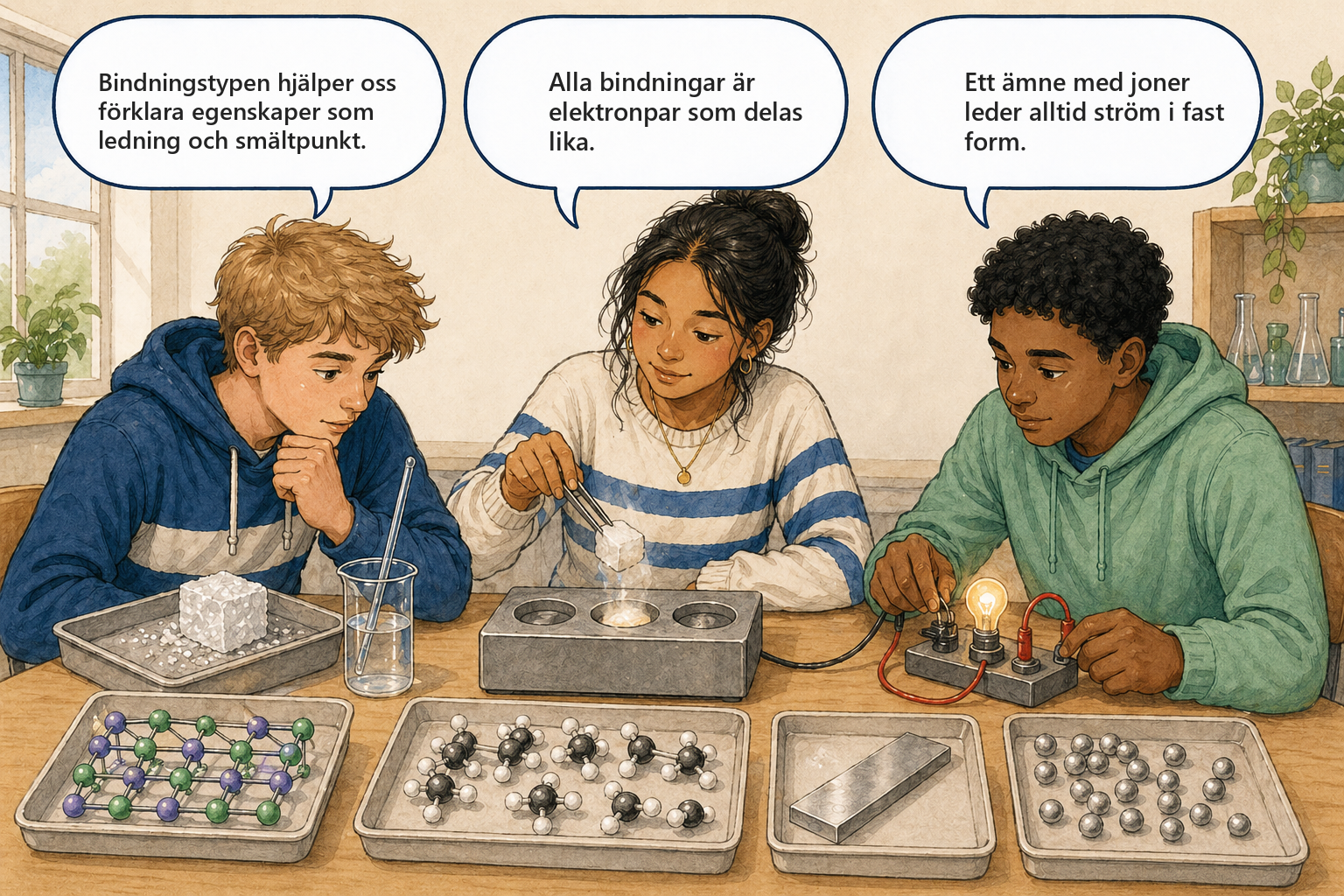 Begreppsbild 8.2 - Kemiska bindningar: tre elever diskuterar jonbindning, kovalent bindning och metallbindning.