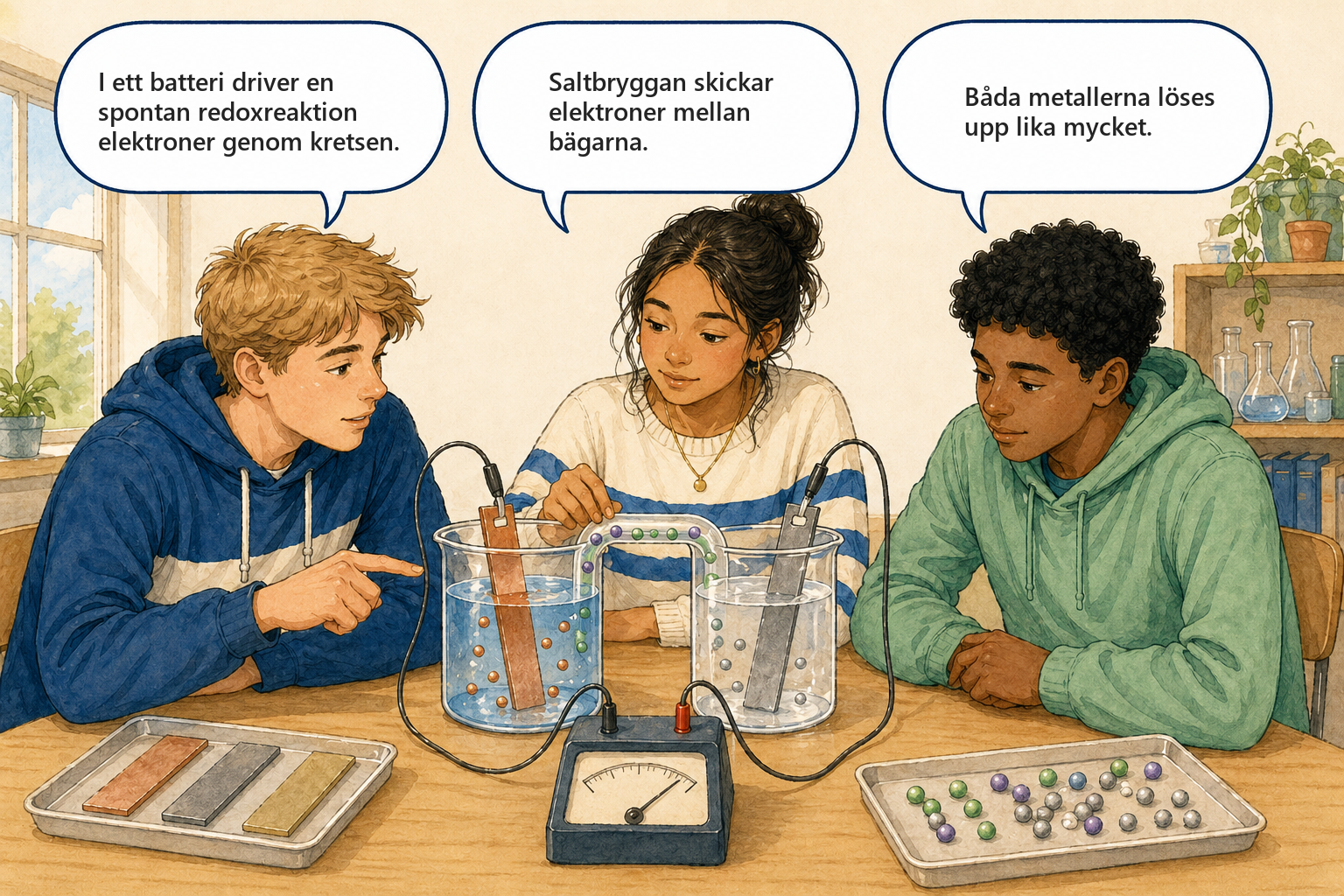Begreppsbild 8.3 - Elektrokemi och batterier: tre elever diskuterar galvanisk cell, redox och saltbrygga.