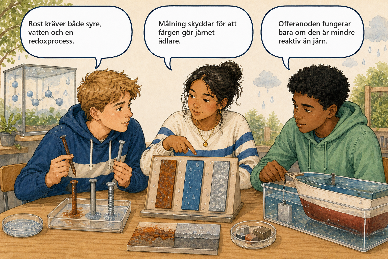 Begreppsbild 8.4 - Korrosion och korrosionsskydd: tre elever diskuterar rost som redoxprocess och olika skyddsmetoder.