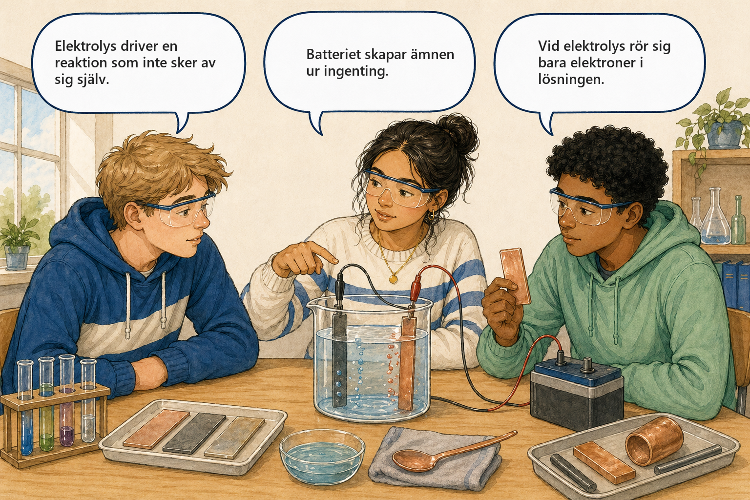 Begreppsbild 8.5 - Framtvingade reaktioner: tre elever diskuterar elektrolys som elektriskt driven reaktion.