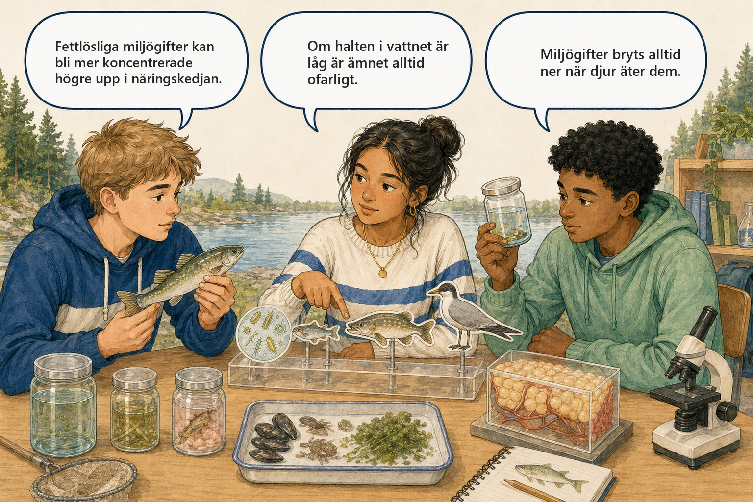 Begreppsbild 9.1 - Organiska miljögifter: tre elever diskuterar bioackumulering och biomagnifikation.