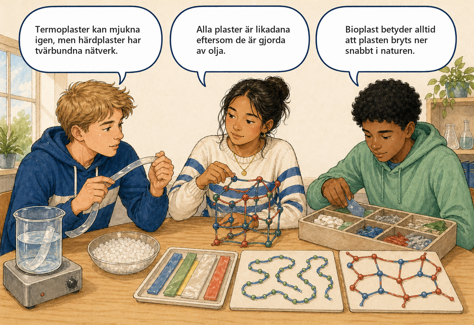 Begreppsbild 9.3 - Plaster: tre elever diskuterar termoplast, härdplast och polymerstruktur.