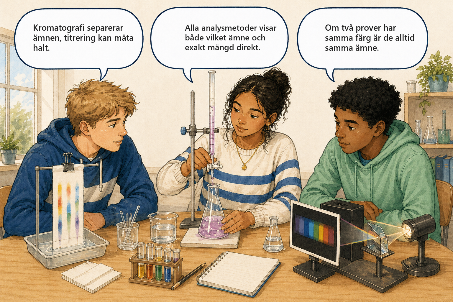 Begreppsbild 9.5 - Analysmetoder: tre elever diskuterar analysmetoder för identifiering och haltbestämning.