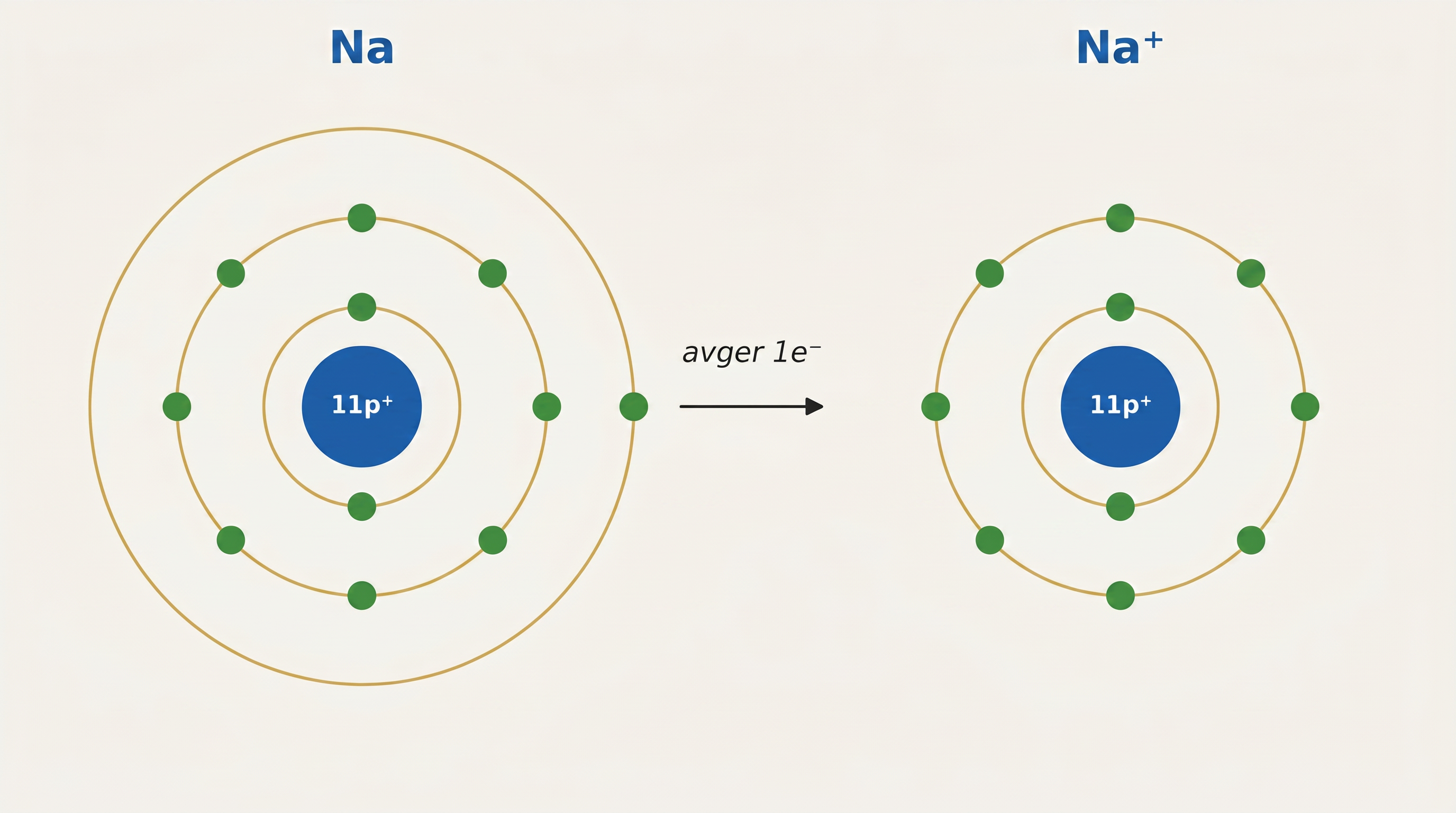 Natriumatom (2-8-1) som avger sin ena M-skalselektron och bildar Na⁺ med 2-8 elektroner.