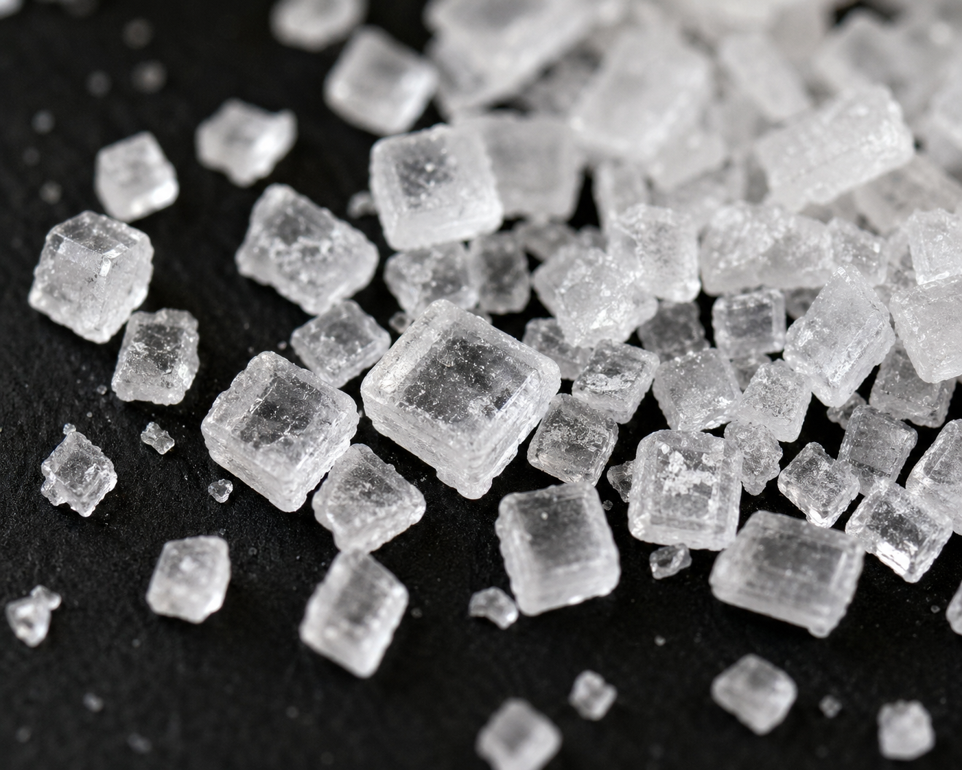 Vita kubiska saltkristaller (NaCl) på svart matt yta — kristallstrukturen tydligt synlig.