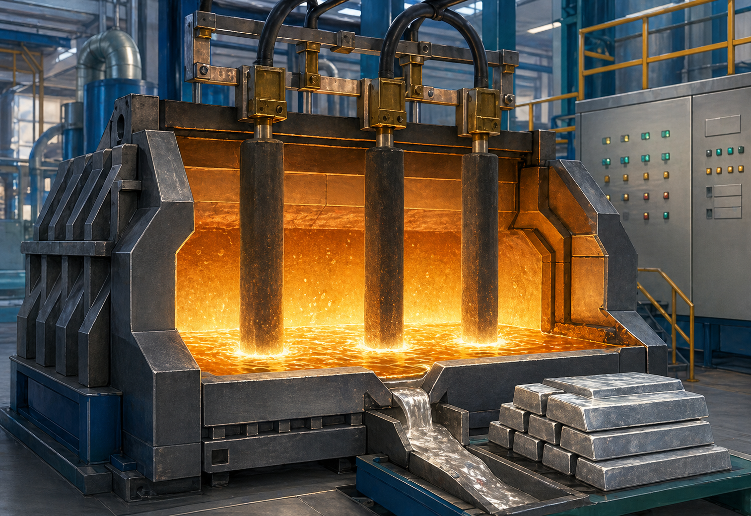Industriell elektrolyscell för aluminiumframställning — glödande smälta och grafitelektroder i ett storskaligt verk.