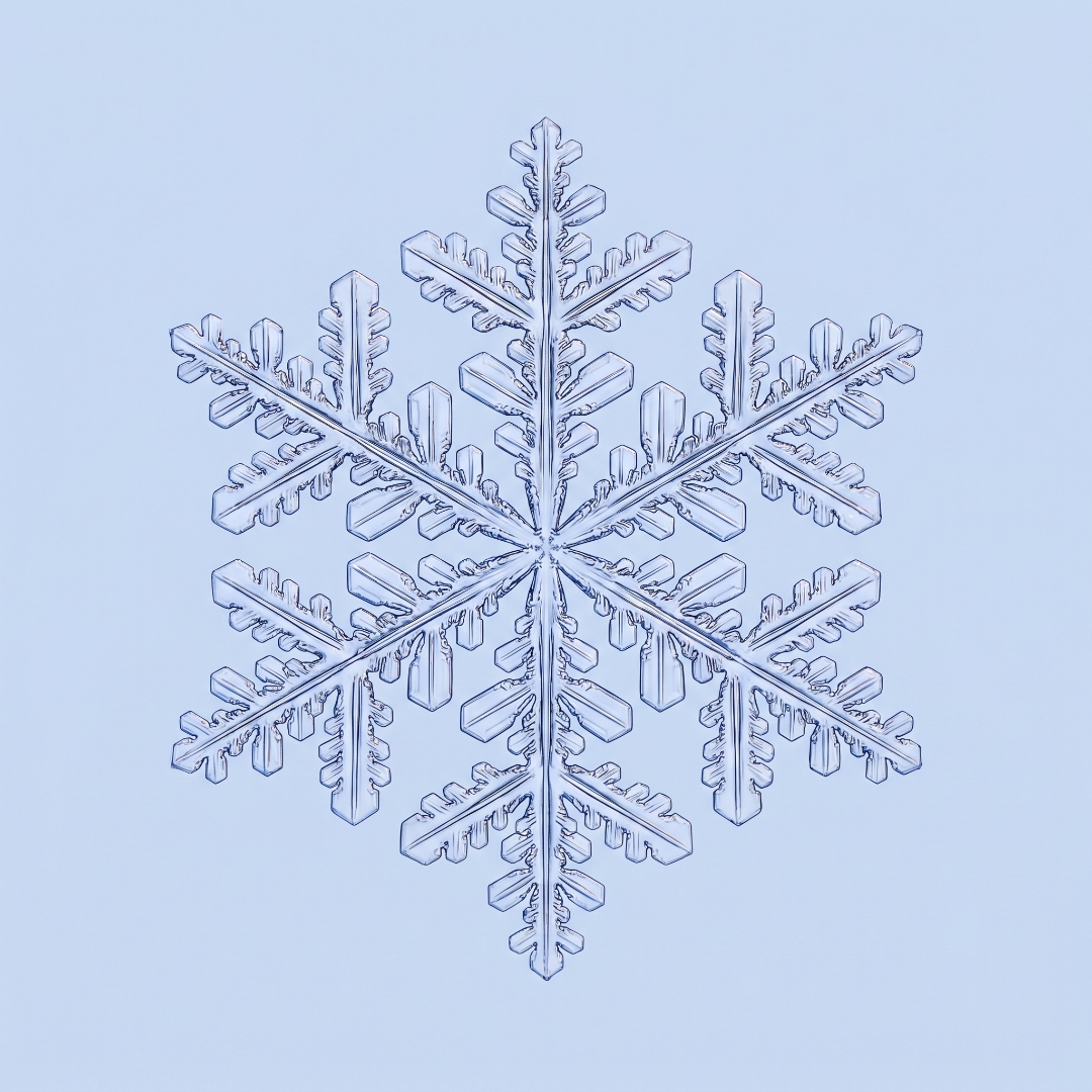 Snöflinga med hexagonal 6-faldig symmetri — ett direkt uttryck för vätebindningarnas geometri.
