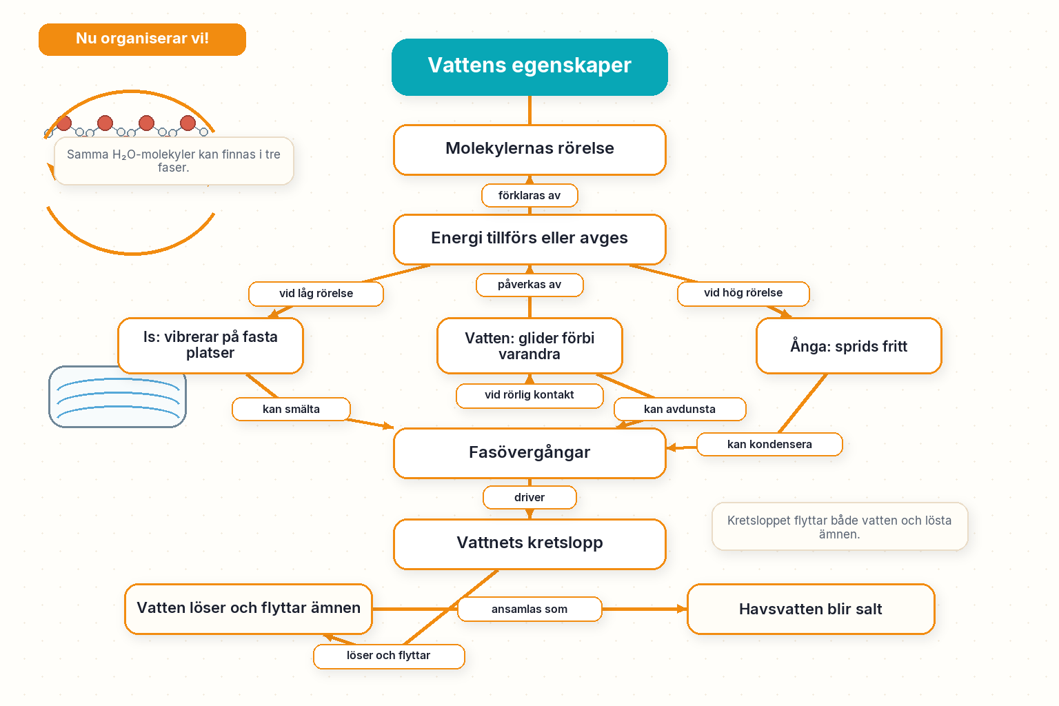 Nu organiserar vi! — Vattens egenskaper: faser, fasövergångar, kretslopp och löslighet.